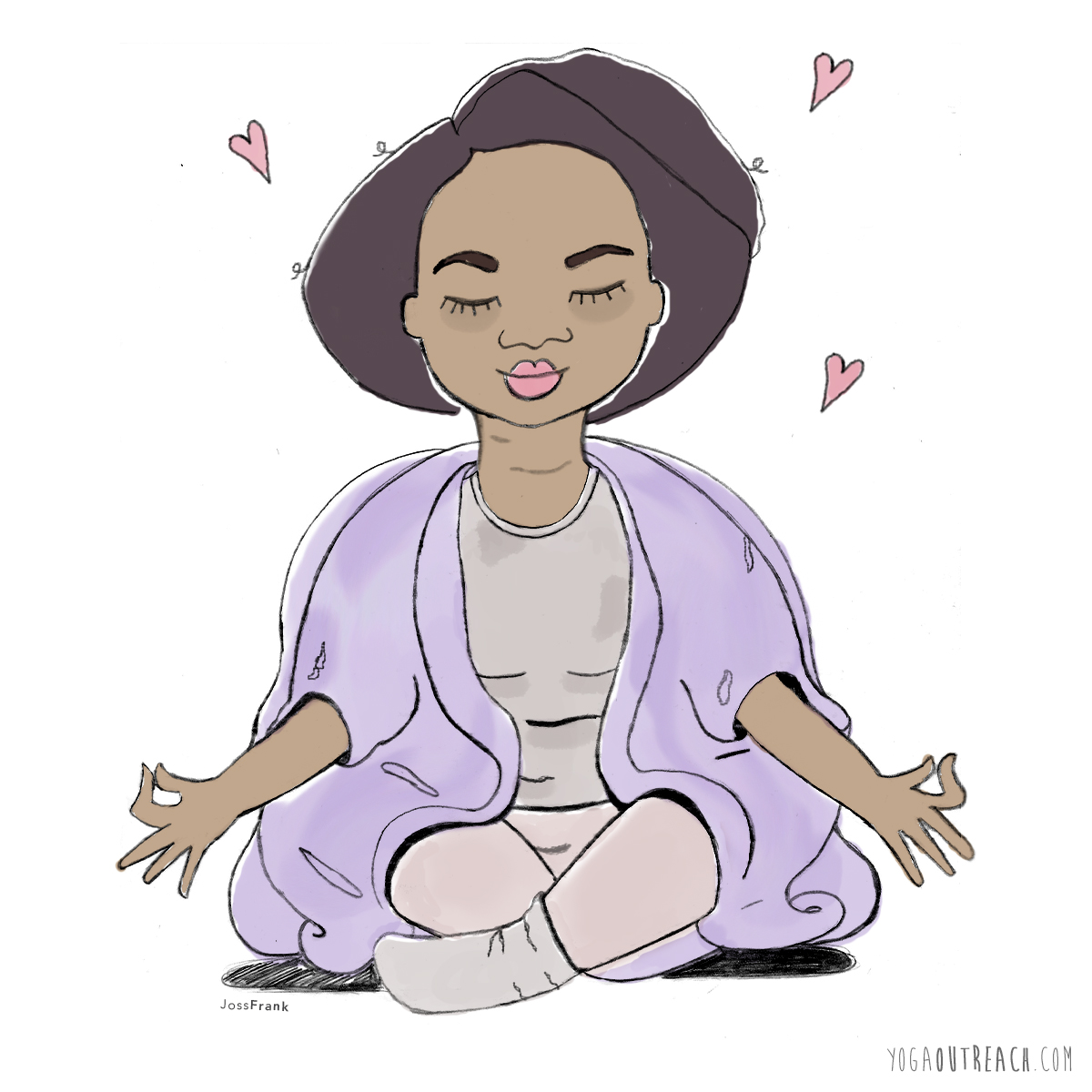 A brown skinned person with dark brown hair is seated in easy form. Their hands are in gyan mudra and their eyes are closed. There are hearts around their head.