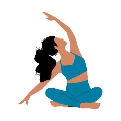 an illustration of a woman with long black hair in a seated side bend